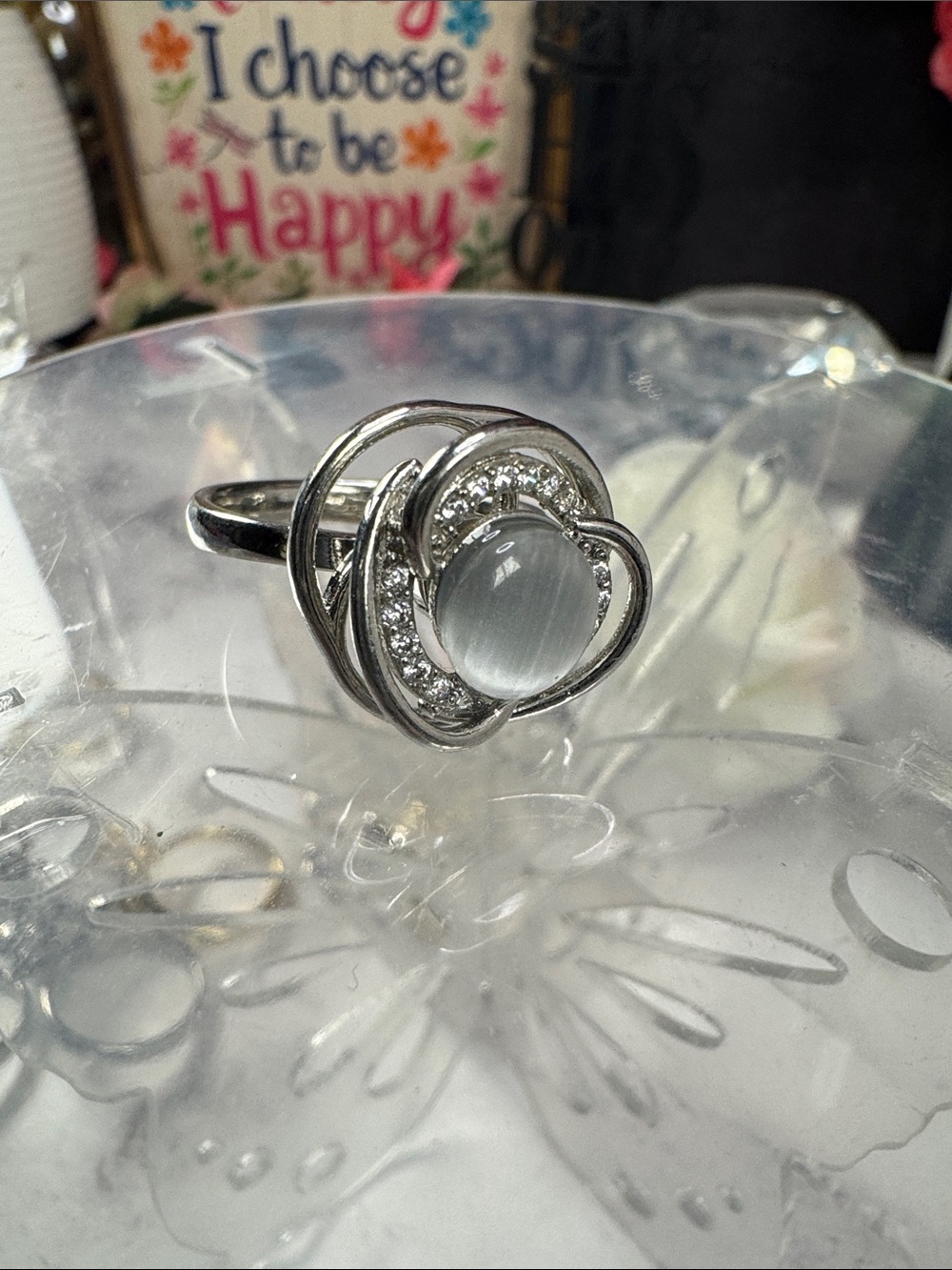 Silver-Tone Cat's Eye Floral Ring with Clear Accents - White